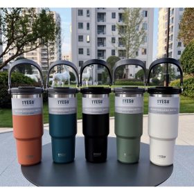 TYESO Tumbler With Handle Stainless Steel Water Bottle - Orange - Image 3