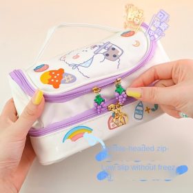 Cartoon Large-Capacity Pencil Case Double Layer diy Girl Heart Storage Bag Middle School Student Stationery - Purple Zipper Grape Pendant - Image 5