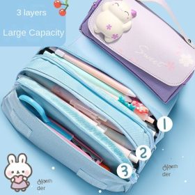 Student Pencil Case/Cute Case/Multifunctional Case/Three-Layer Case Simple Large Capacity - Cat Purple - Image 6