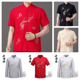 CNY Men Man Cheongsam Short Long Sleeve Shirt Dragon Traditional Tang Suite - White - Image 2