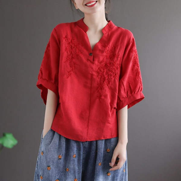 2024 Chinese New Year Clothes Art Retro Red Embroidered CNY T-shirt Short Sleeve Cotton Linen Shirt Loose Blouse - Red