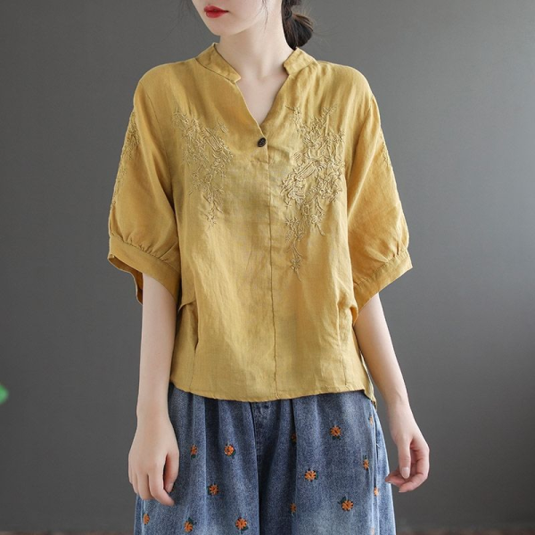 2024 Chinese New Year Clothes Art Retro Red Embroidered CNY T-shirt Short Sleeve Cotton Linen Shirt Loose Blouse - Yellow