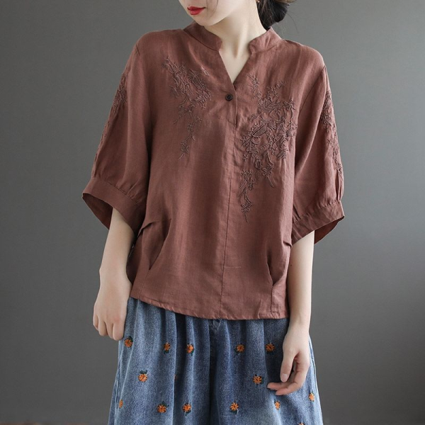 2024 Chinese New Year Clothes Art Retro Red Embroidered CNY T-shirt Short Sleeve Cotton Linen Shirt Loose Blouse - Coffee