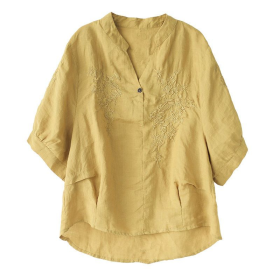 2024 Chinese New Year Clothes Art Retro Red Embroidered CNY T-shirt Short Sleeve Cotton Linen Shirt Loose Blouse - Beige - Image 3