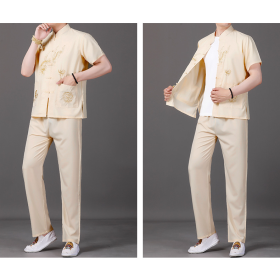 CNY Men Man Cheongsam Short Long Sleeve Shirt Dragon Traditional Tang Suite - White - Image 7