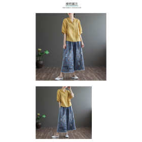 2024 Chinese New Year Clothes Art Retro Red Embroidered CNY T-shirt Short Sleeve Cotton Linen Shirt Loose Blouse - Beige - Image 4