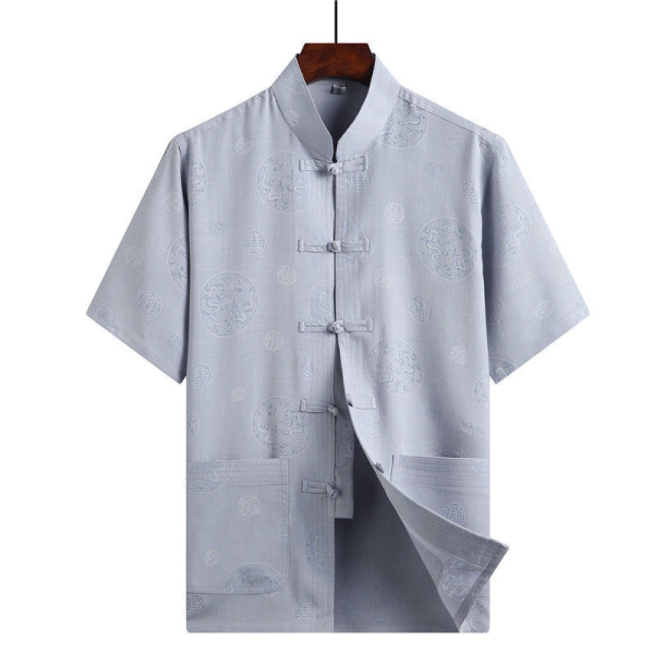 Chinese Style Cotton Linen Embroidery Dragon Shirt Plus Size Tops Men CNY T-shirt Short Sleeve Blouse Clothes - Dragon Gray