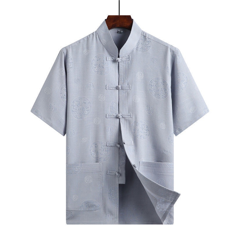 Chinese Style Cotton Linen Embroidery Dragon Shirt Plus Size Tops Men CNY T-shirt Short Sleeve Blouse Clothes - Dragon Gray - Image 1