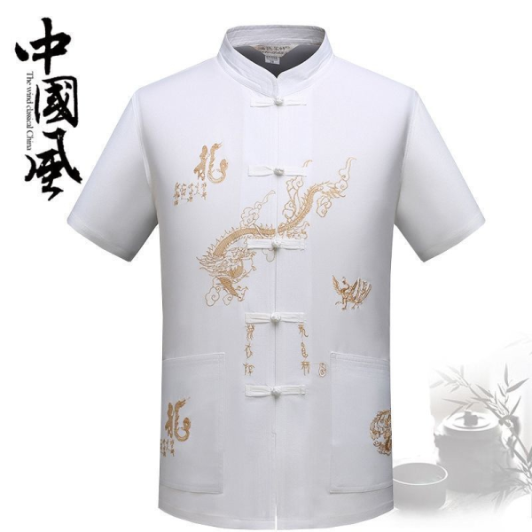 CNY Men Man Cheongsam Short Long Sleeve Shirt Dragon Traditional Tang Suite - White