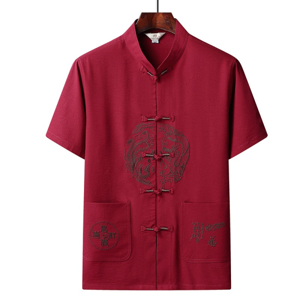 Chinese Style Embroidered Dragon Shirt Plus Size Tops Men CNY T-shirt Short Sleeve Blouse / Clothes Men's Traditional - Red