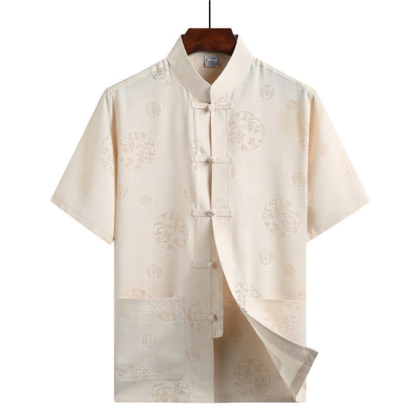 Chinese Style Cotton Linen Embroidery Dragon Shirt Plus Size Tops Men CNY T-shirt Short Sleeve Blouse Clothes - Dragon Beige