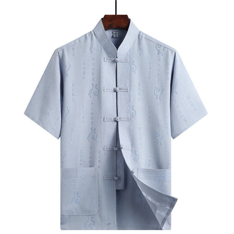 Chinese Style Cotton Linen Embroidery Dragon Shirt Plus Size Tops Men CNY T-shirt Short Sleeve Blouse Clothes - Gray - Image 1