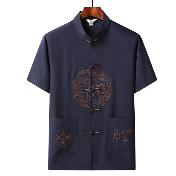 Chinese Style Embroidered Dragon Shirt Plus Size Tops Men CNY T-shirt Short Sleeve Blouse / Clothes Men's Traditional - Navy