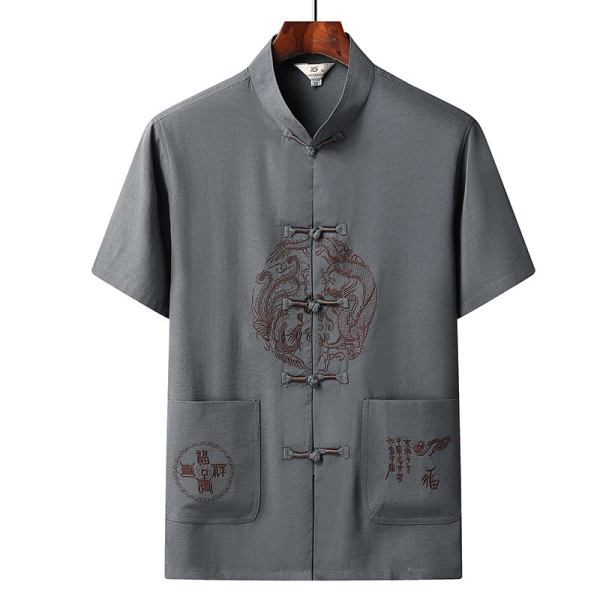 Chinese Style Embroidered Dragon Shirt Plus Size Tops Men CNY T-shirt Short Sleeve Blouse / Clothes Men's Traditional - Dark Gray