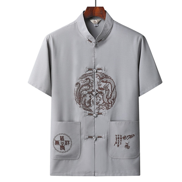 Chinese Style Embroidered Dragon Shirt Plus Size Tops Men CNY T-shirt Short Sleeve Blouse / Clothes Men's Traditional - Light Gray