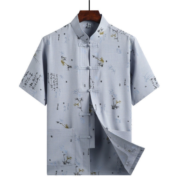 Chinese Style Cotton Linen Embroidery Dragon Shirt Plus Size Tops Men CNY T-shirt Short Sleeve Blouse Clothes - Bamboo Gray