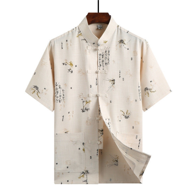 Chinese Style Cotton Linen Embroidery Dragon Shirt Plus Size Tops Men CNY T-shirt Short Sleeve Blouse Clothes - Bamboo Beige