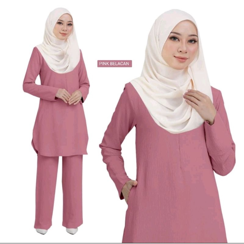 Suit Muslimah Nursing Friendly & Pocket Blouse Pant - Pink Belacan - Image 1