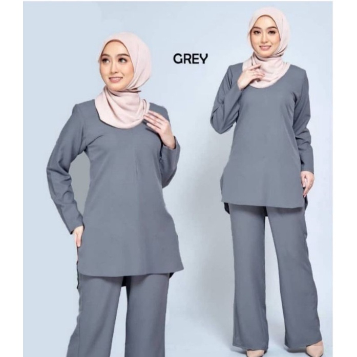 Suit Zara Muslimah Basic Blouse & Seluar Set Warda - Grey - Image 1