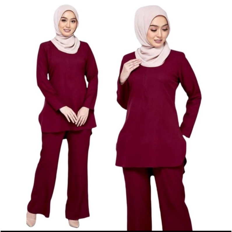 Suit Zara Muslimah Basic Blouse & Seluar Set Warda - Maroon - Image 1