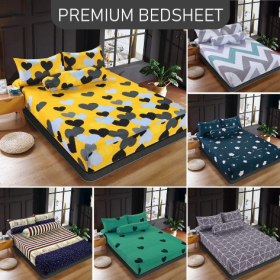 Premium Cotton Bedsheet 4 In 1 Queen 2 In 1 Single Fitted Getah Keliling Cadar Sarung Katil Sarung Tilam Lapis Katil - Design 16 - Image 3