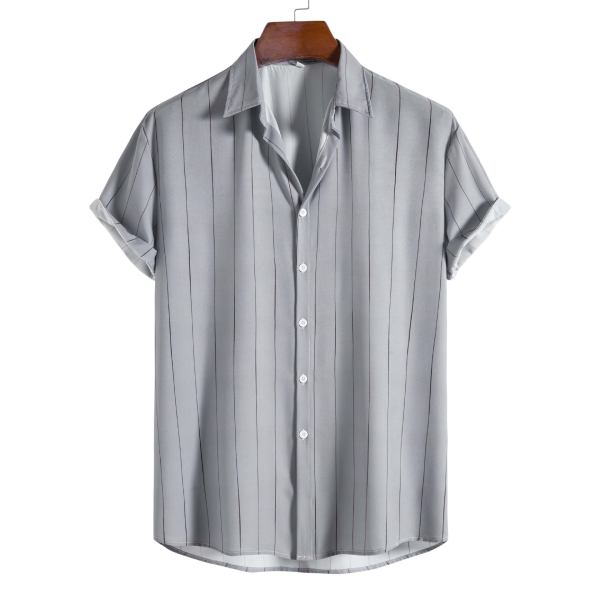 Men's Summer Simple Casual Loose Striped Button Up Polo Shirt Stripes Printed Short Sleeve Shirt Plus Size - Grey