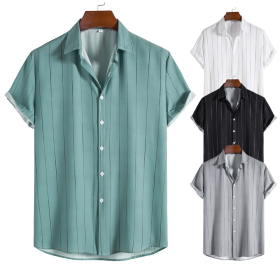 Men's Summer Simple Casual Loose Striped Button Up Polo Shirt Stripes Printed Short Sleeve Shirt Plus Size - Grey - Image 3