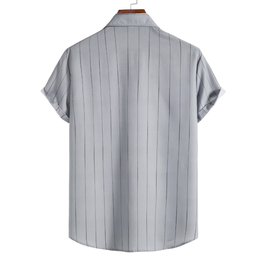 Men's Summer Simple Casual Loose Striped Button Up Polo Shirt Stripes Printed Short Sleeve Shirt Plus Size - Grey