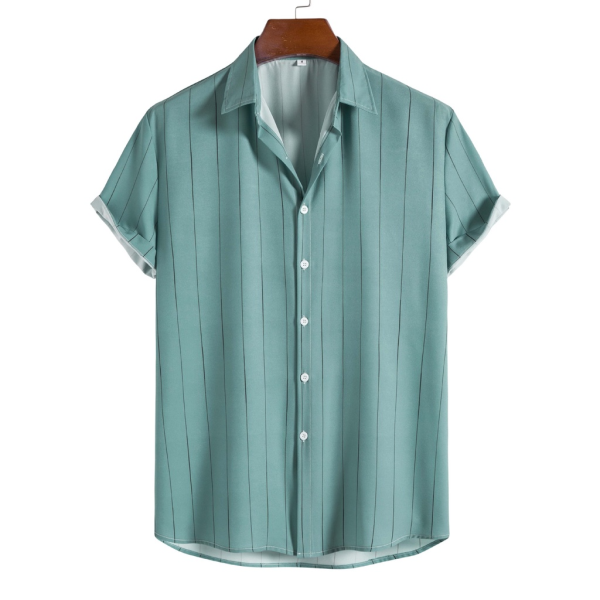 Men's Summer Simple Casual Loose Striped Button Up Polo Shirt Stripes Printed Short Sleeve Shirt Plus Size - Peacock Blue