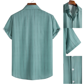 Men's Summer Simple Casual Loose Striped Button Up Polo Shirt Stripes Printed Short Sleeve Shirt Plus Size - Peacock Blue - Image 3