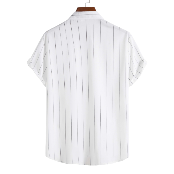 Men's Summer Simple Casual Loose Striped Button Up Polo Shirt Stripes Printed Short Sleeve Shirt Plus Size - White