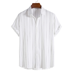 Men's Summer Simple Casual Loose Striped Button Up Polo Shirt Stripes Printed Short Sleeve Shirt Plus Size - White