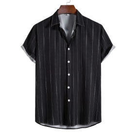 Men's Summer Simple Casual Loose Striped Button Up Polo Shirt Stripes Printed Short Sleeve Shirt Plus Size - Black