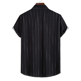 Men's Summer Simple Casual Loose Striped Button Up Polo Shirt Stripes Printed Short Sleeve Shirt Plus Size - Black - Image 2