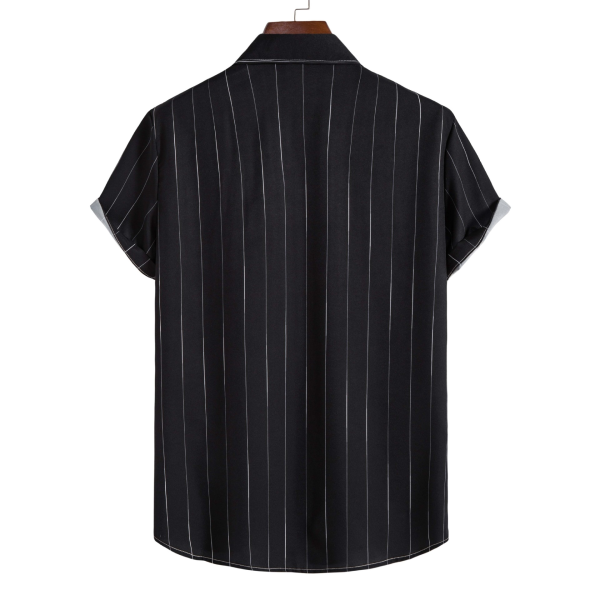 Men's Summer Simple Casual Loose Striped Button Up Polo Shirt Stripes Printed Short Sleeve Shirt Plus Size - Black