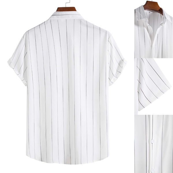 Men's Summer Simple Casual Loose Striped Button Up Polo Shirt Stripes Printed Short Sleeve Shirt Plus Size - White