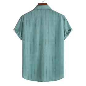 Men's Summer Simple Casual Loose Striped Button Up Polo Shirt Stripes Printed Short Sleeve Shirt Plus Size - Peacock Blue - Image 2