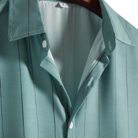 Men's Summer Simple Casual Loose Striped Button Up Polo Shirt Stripes Printed Short Sleeve Shirt Plus Size - Peacock Blue - Image 4