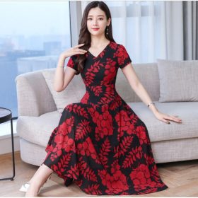 Women's Maxi Dress Summer Floral Print Flower Round Neck Short Sleeve Loose Long Maxi Dress - Red - Image 1