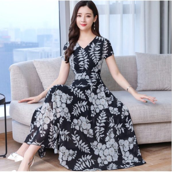 Women's Maxi Dress Summer Floral Print Flower Round Neck Short Sleeve Loose Long Maxi Dress - Black