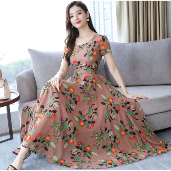 Women's Maxi Dress Summer Floral Print Flower Round Neck Short Sleeve Loose Long Maxi Dress - Brown