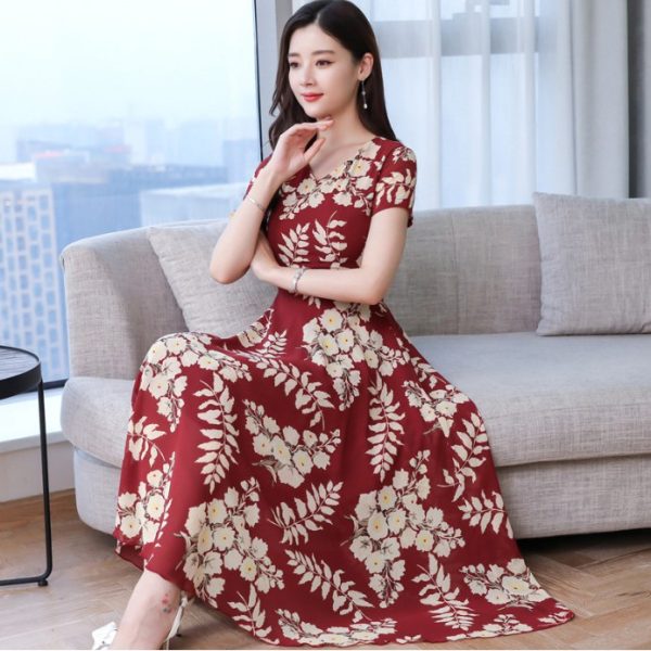 Women's Maxi Dress Summer Floral Print Flower Round Neck Short Sleeve Loose Long Maxi Dress - Maroon