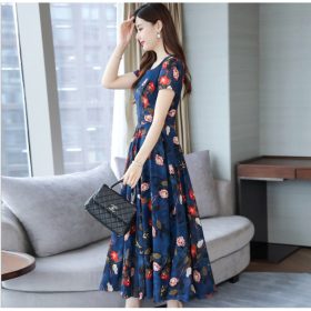 Women's Maxi Dress Summer Floral Print Flower Round Neck Short Sleeve Loose Long Maxi Dress - Navy Blue - Image 1