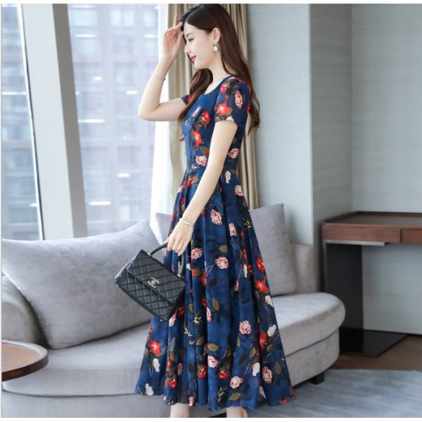 Women's Maxi Dress Summer Floral Print Flower Round Neck Short Sleeve Loose Long Maxi Dress - Navy Blue