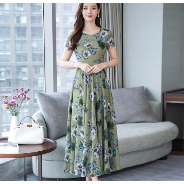 Women's Maxi Dress Summer Floral Print Flower Round Neck Short Sleeve Loose Long Maxi Dress - Green