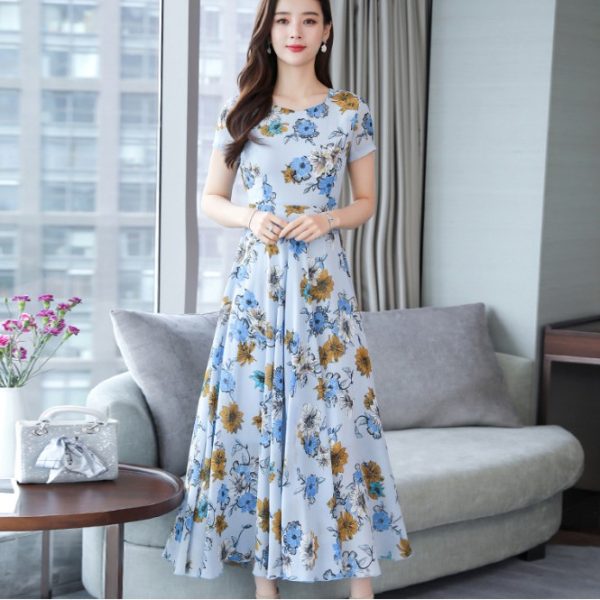 Women's Maxi Dress Summer Floral Print Flower Round Neck Short Sleeve Loose Long Maxi Dress - Light Blue