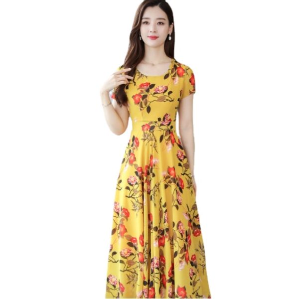 Women's Maxi Dress Summer Floral Print Flower Round Neck Short Sleeve Loose Long Maxi Dress - Yellow