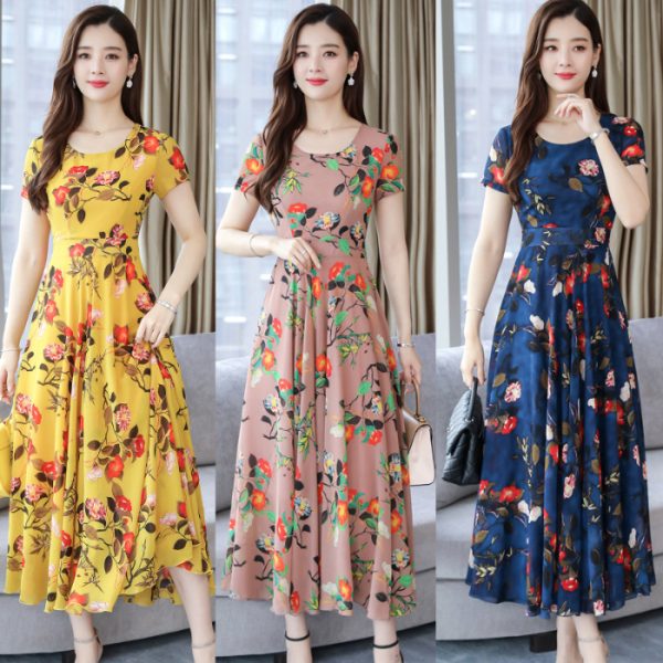 Women's Maxi Dress Summer Floral Print Flower Round Neck Short Sleeve Loose Long Maxi Dress - Green