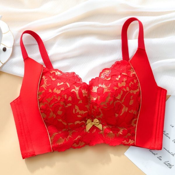 FallSweet Women Lace Push Up Bras Wireless Thick Cup High Side Brassiere - Red