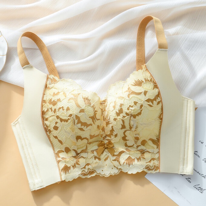 FallSweet Women Lace Push Up Bras Wireless Thick Cup High Side Brassiere - Beige - Image 1